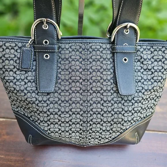 Coach Signature Shoulder Tote Bag Handbag Black and Tan Leather/canvas - Picture 10 of 15